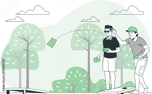 Men Playing Cornhole Game Outdoors vector illustration