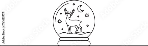 One continuous line drawing of Christmas snow globe with reindeer. Magic glass ball for winter xmas holiday concept in simple linear style. Editable stroke. Doodle vector illustration