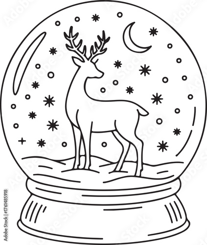 One continuous line drawing of Christmas snow globe with reindeer. Magic glass ball for winter xmas holiday concept in simple linear style. Editable stroke. Doodle vector illustration