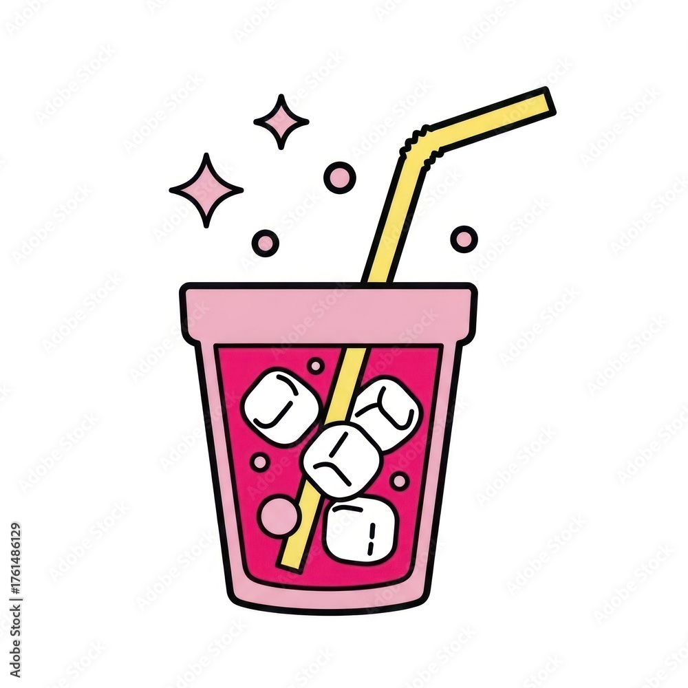 Obraz premium Illustrated image of a pink beverage with ice cubes and a yellow straw on white backdrop
