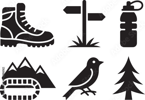 Outdoor adventure solid icons – silhouette style hiking, camping, and nature symbols for explorers, hiking boot, trail sign, water bottle, net, climbing rope, mountain, bird, tree