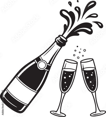 Popping bottle of champagne with cork flying out and pair of clinking glasses. Vector illustration