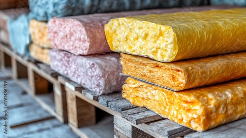 Colorful insulation materials on wooden pallet.