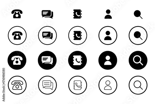 Contact us icons set. Modern icon con of contact us, phone book, user, message. Contact information icons for business card. Stock vector of contact us in black with different styles