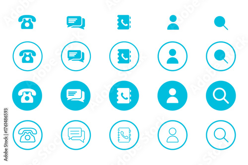 Contact us icons set. Modern icon con of contact us, phone book, user, message. Contact information icons for business card. Stock vector of contact us in blue with different styles