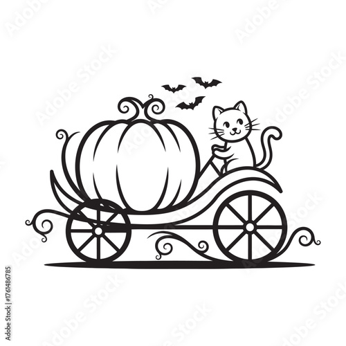 Cute cat riding a halloween pumpkin carriage line art illustration.