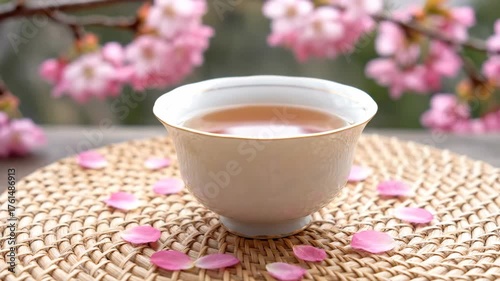 Serene Spring Tea Ceremony as Delicate Pink Cherry Blossom Petals Gently Fall
