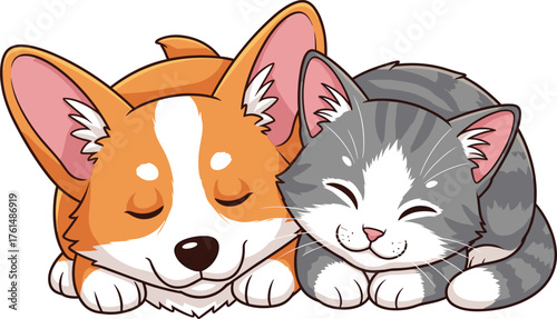 Cute cartoon corgi puppy and kitten sleeping together, adorable dog and cat friendship illustration for pet lovers and animal art designs