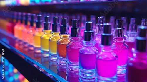 Colorful Perfumes in a Row with Product Photography, Abstract, and Beauty.