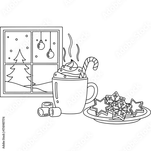 A festive table decorated with hot drinks and cookies in front of a window with a Christmas tree and a view of snowfall. This illustration captures the homey atmosphere of the holiday season.