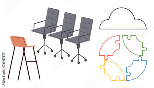 Three office chairs, a high stool, a cloud frame, and four puzzle pieces. Ideal for workplace, collaboration, teamwork, ideas sharing creativity problem-solving brainstorming. Simple flat metaphor