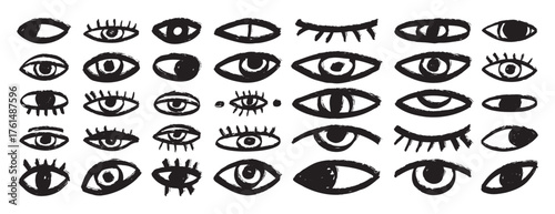 bizarre eyes hand drawn doodle brush set. Textured minimalistic grunge eyes rough collection 