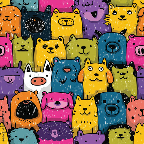 Childish funny animals seamless pattern, kids drawing simple background, childlike marker and crayon doodles, children illustrations, cute cartoon animals and pet sketches, cute pet pattern design