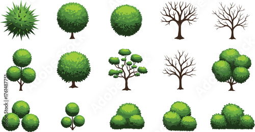 Realistic green tree and bush collection, topiary and leafless tree set, landscape garden elements, eco nature foliage, environment design, cad drawing flat vector illustration