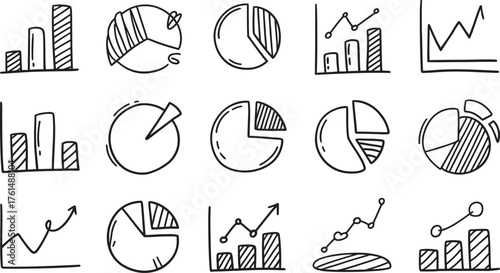 Hand drawn collection of business and financial charts and graphs icons