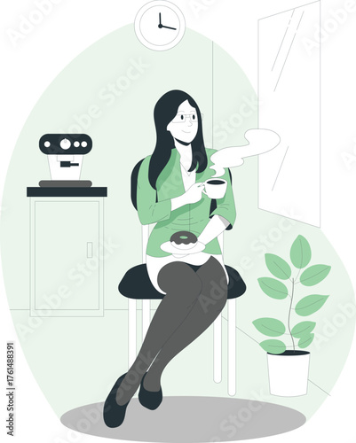 Woman in office attire enjoying coffee and a donut during a break vector illustration
