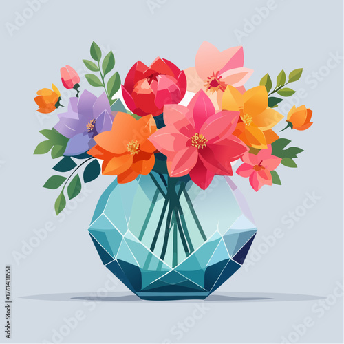 crystal glass vase with vibrant blooming flowers, vibrant vector illustration