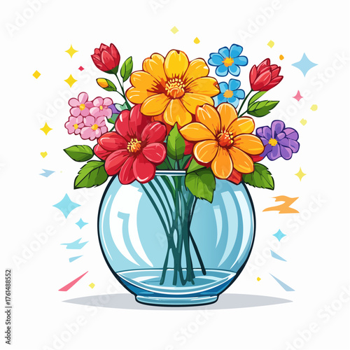 crystal glass vase with vibrant blooming flowers, vibrant vector illustration