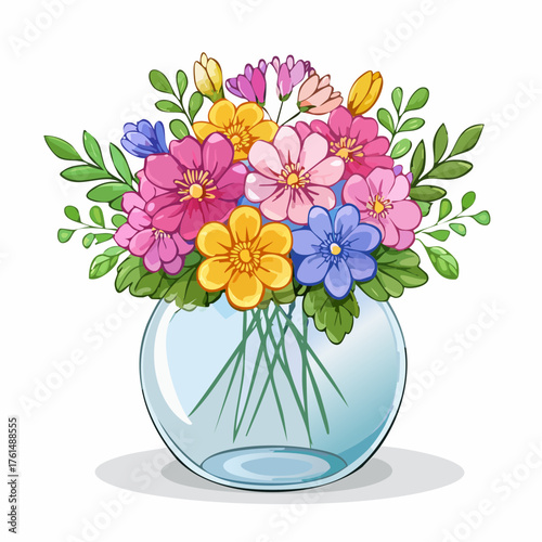 crystal glass vase with vibrant blooming flowers, vibrant vector illustration