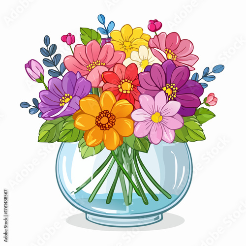 crystal glass vase with vibrant blooming flowers, vibrant vector illustration