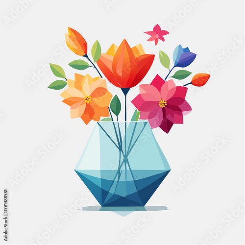 crystal glass vase with vibrant blooming flowers, vibrant vector illustration