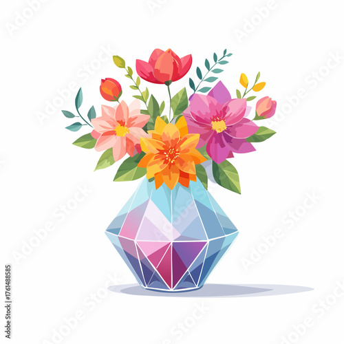 crystal glass vase with vibrant blooming flowers, vibrant vector illustration