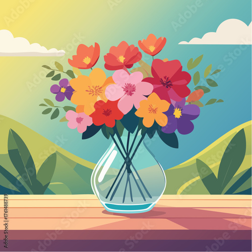 crystal glass vase with vibrant blooming flowers, vibrant vector illustration