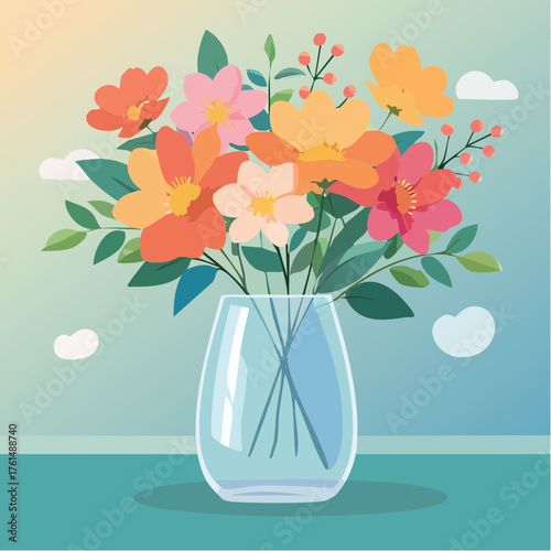 crystal glass vase with vibrant blooming flowers, vibrant vector illustration