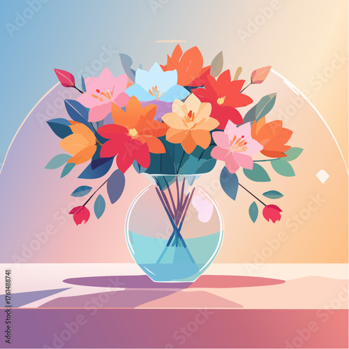 crystal glass vase with vibrant blooming flowers, vibrant vector illustration