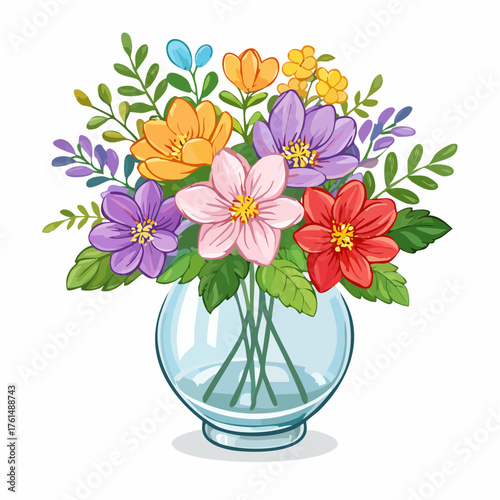 crystal glass vase with vibrant blooming flowers, vibrant vector illustration