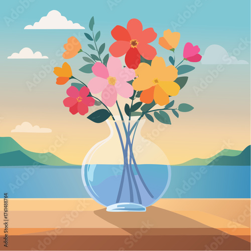 crystal glass vase with vibrant blooming flowers, vibrant vector illustration