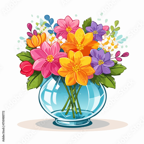 crystal glass vase with vibrant blooming flowers, vibrant vector illustration