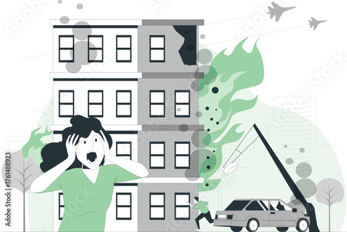 Woman Panicked by Burning Building and Airplanes Overhead disaster emergency