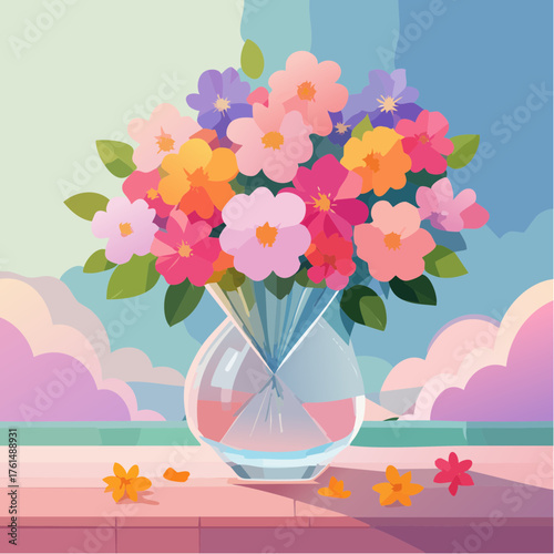 crystal glass vase with vibrant blooming flowers, vibrant vector illustration