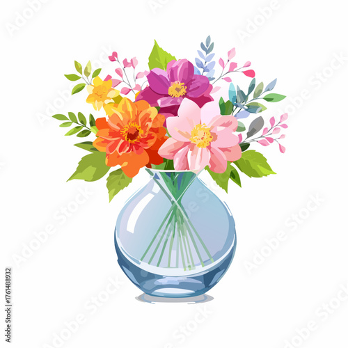 crystal glass vase with vibrant blooming flowers, vibrant vector illustration