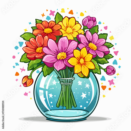 crystal glass vase with vibrant blooming flowers, vibrant vector illustration
