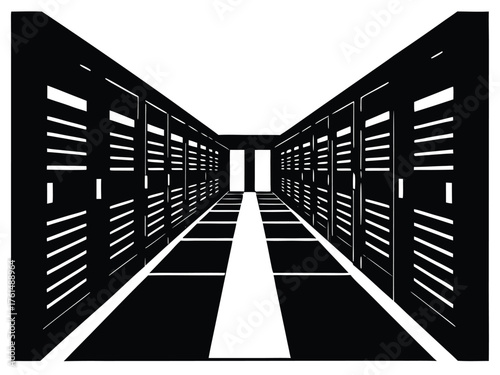 Vector art of server room corridor with rows of server racks in perspective view