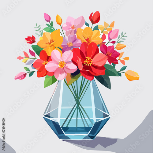 crystal glass vase with vibrant blooming flowers, vibrant vector illustration
