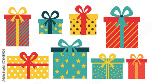 A delightful collection of brightly colored gift boxes adorned with festive ribbons and bows creating a cheerful and celebratory atmosphere for any occasion.