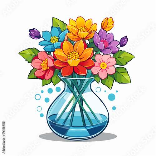 crystal glass vase with vibrant blooming flowers, vibrant vector illustration