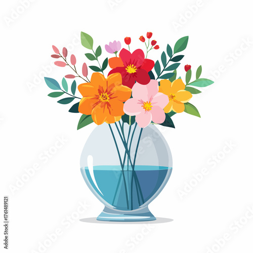 crystal glass vase with vibrant blooming flowers, vibrant vector illustration