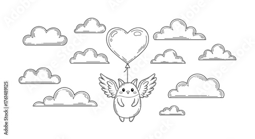 A whimsical fluffy creature with feathered wings floats upwards holding a heart-shaped balloon amidst scattered clouds in the sky.