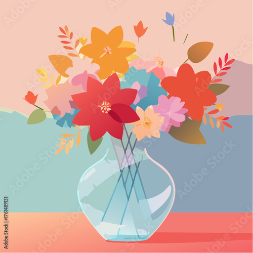 crystal glass vase with vibrant blooming flowers, vibrant vector illustration