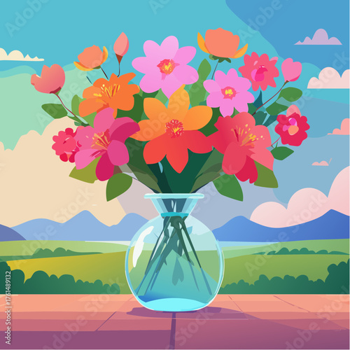 crystal glass vase with vibrant blooming flowers, vibrant vector illustration