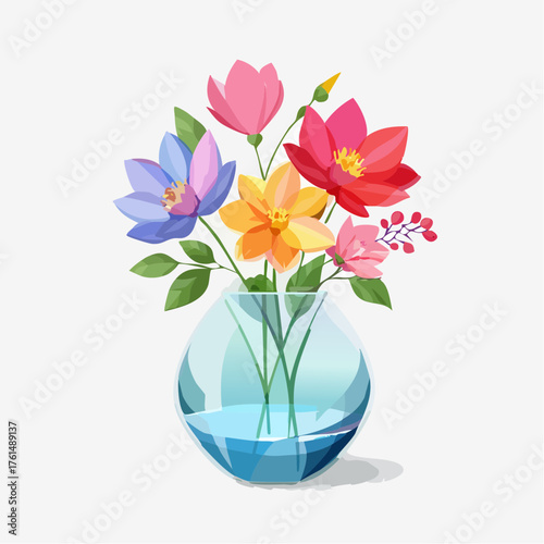 crystal glass vase with vibrant blooming flowers, vibrant vector illustration