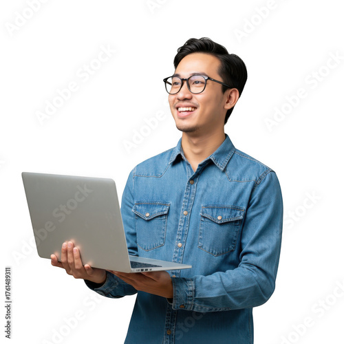 A young asian man wearing glasses and a denim shirt smiles while holding a laptop computer isolated on transparent background
