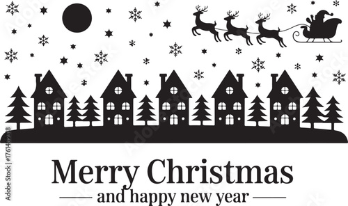 Santa in a reindeer sleigh in the sky. Winter christmas background with moon, houses, santa and snowfall. Black drawings on a white background.Merry Christmas and Happy New Year. Vector