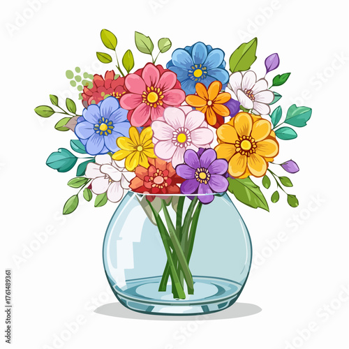 crystal glass vase with vibrant blooming flowers, vibrant vector illustration