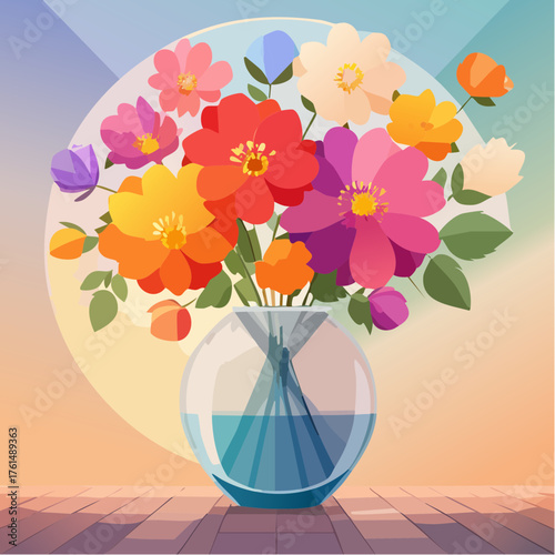 crystal glass vase with vibrant blooming flowers, vibrant vector illustration