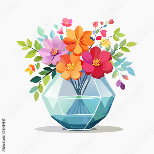 crystal glass vase with vibrant blooming flowers, vibrant vector illustration